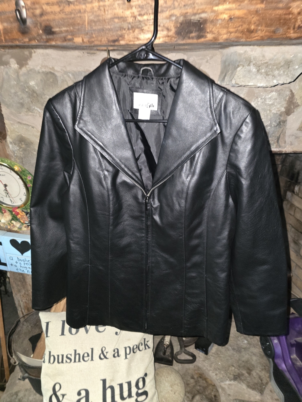 East 5th Black Leather Zip-Front Jacket with Notched Collar